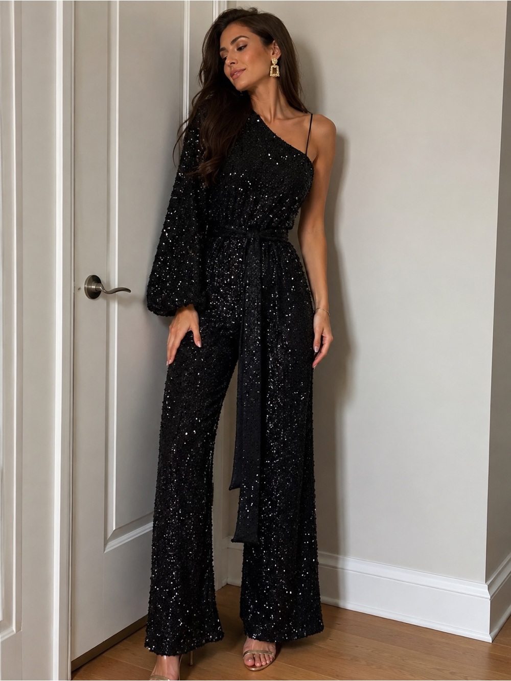 Faeriesty One-Shoulder Sequin Long
Sleeve Jumpsuit Size S